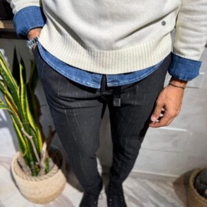 Pantalone white sand dark grey gessato