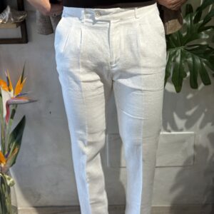 Pantalone sartoriale in lino bianco doppia pence